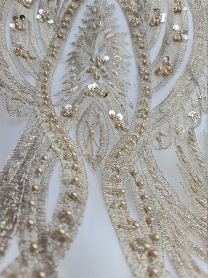 Gorgeous ornamental lace fabric with beads and big sequins in off-white LL-1326 or gold color LL-1345, lace for gown, from 1Meter