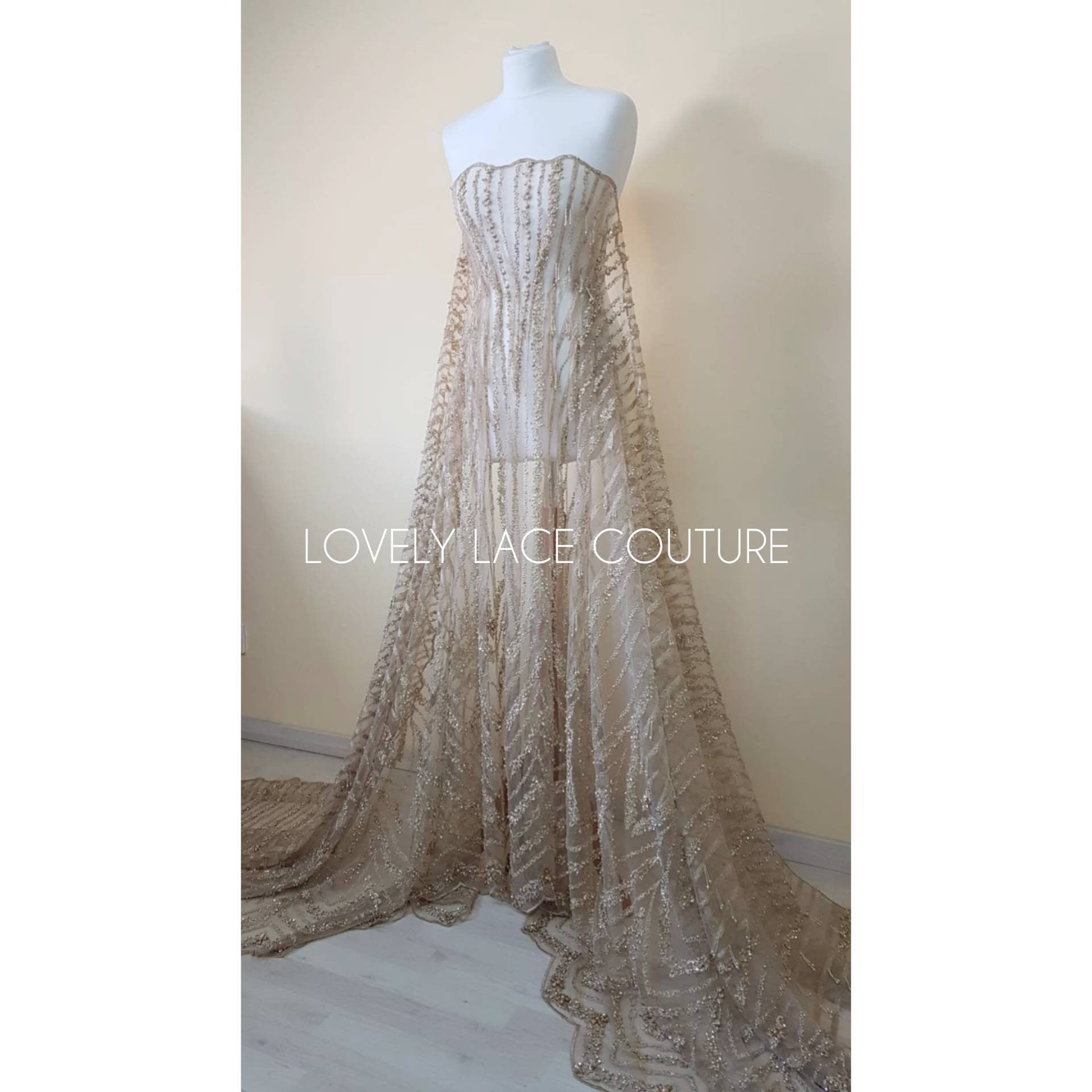 Marvellous 3D - Lace fabric with abstract desgin, Colored bridal lace, Wedding Lace Fabric, Embroidered lace in beautiful gold or rosé color