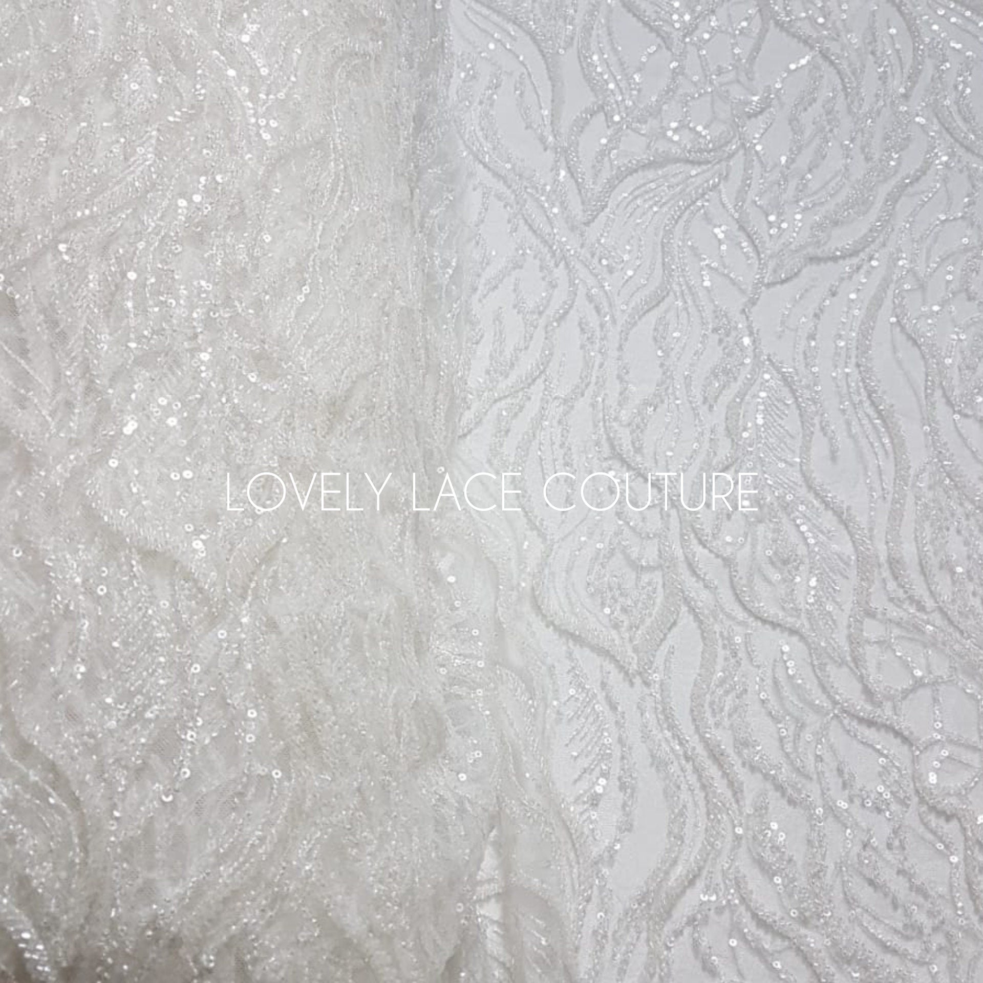 LL-1374, luxurious bridal lace fabric with modern abstract wave pattern in off-white color, starts at 0,5Meter