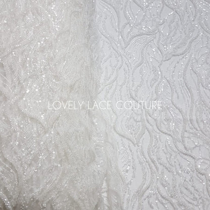 LL-1374, luxurious bridal lace fabric with modern abstract wave pattern in off-white color, starts at 0,5Meter