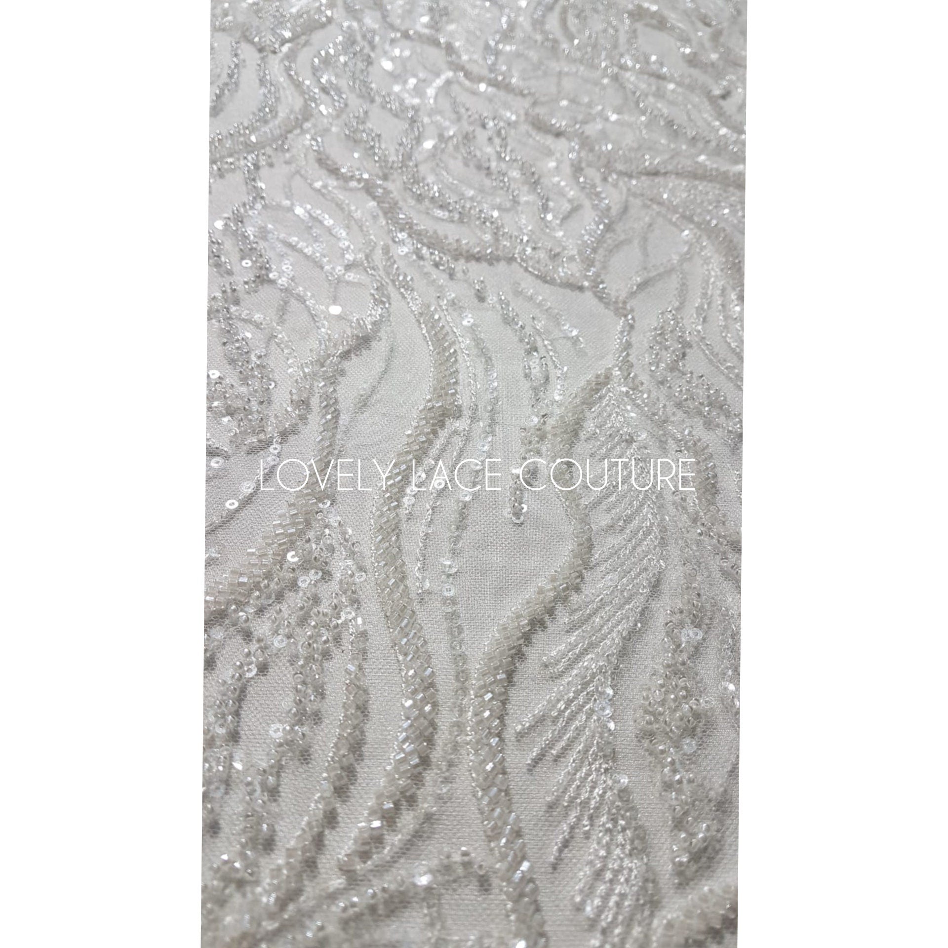 LL-1374, luxurious bridal lace fabric with modern abstract wave pattern in off-white color, starts at 0,5Meter