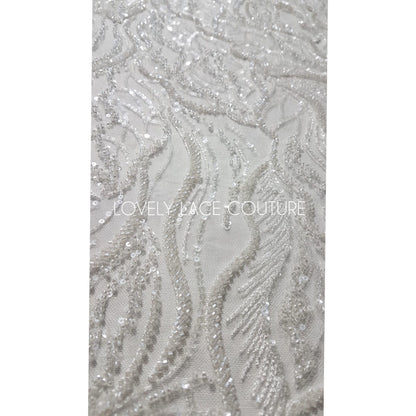 LL-1374, luxurious bridal lace fabric with modern abstract wave pattern in off-white color, starts at 0,5Meter