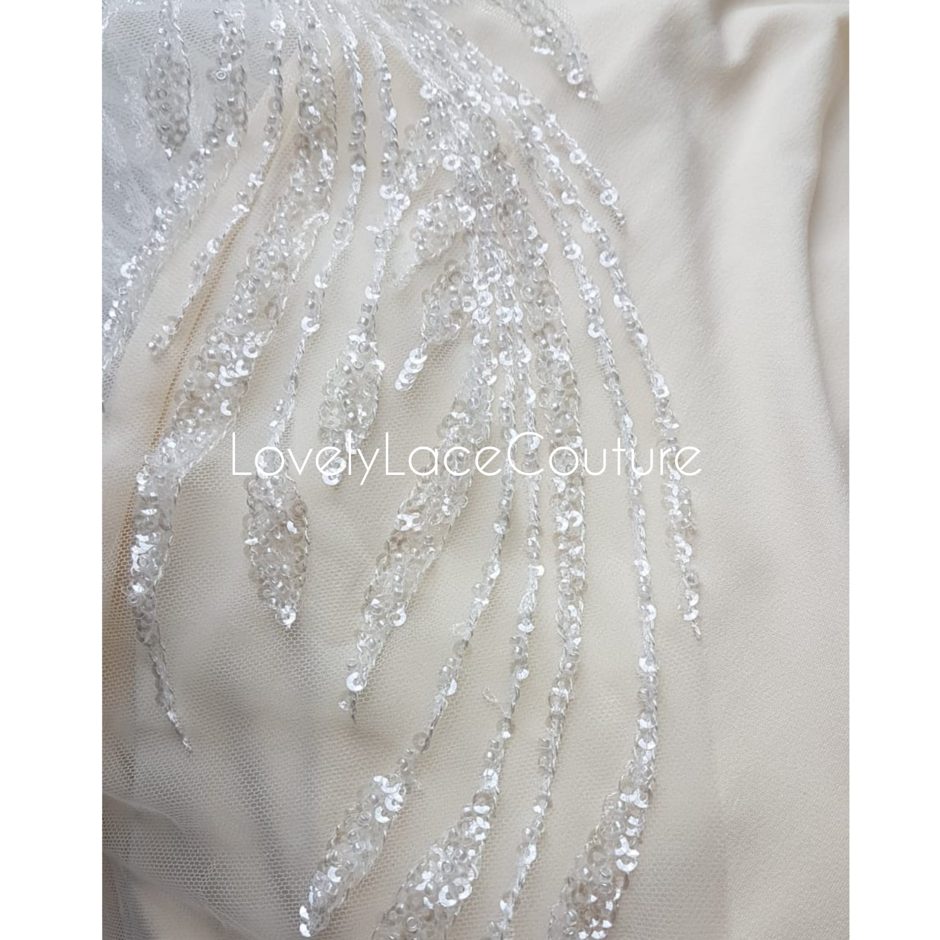 LL-1375, gorgeous beaded lace fabric with abstract pattern in off-white color, soft lace tulle fabric with beads and transparent sequins