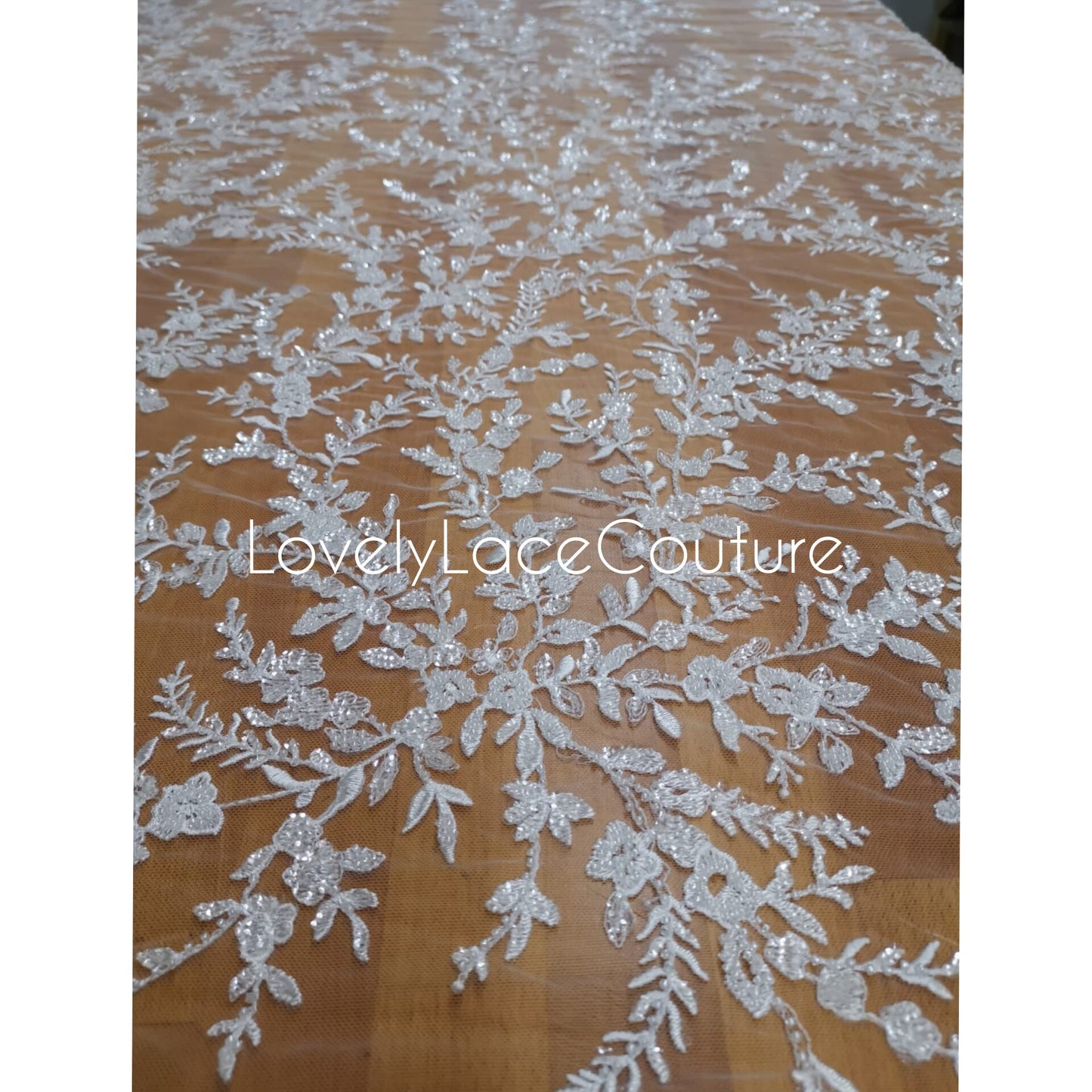 LL-1376 Beaded Flower bridal lace fabric with transparent sequins in off-white, Couture Lace Fabric, luxurious beaded wedding dress lace
