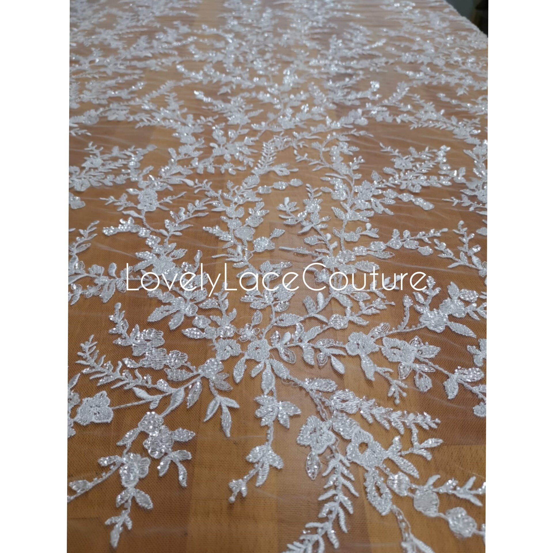 LL-1376 Beaded Flower bridal lace fabric with transparent sequins in off-white, Couture Lace Fabric, luxurious beaded wedding dress lace