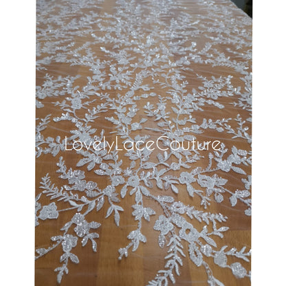 LL-1376 Beaded Flower bridal lace fabric with transparent sequins in off-white, Couture Lace Fabric, luxurious beaded wedding dress lace