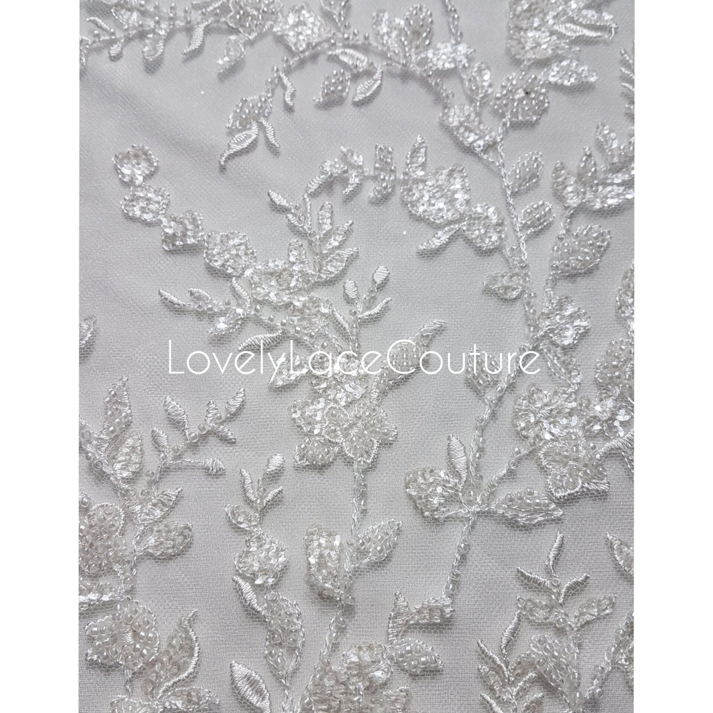 LL-1376 Beaded Flower bridal lace fabric with transparent sequins in off-white, Couture Lace Fabric, luxurious beaded wedding dress lace
