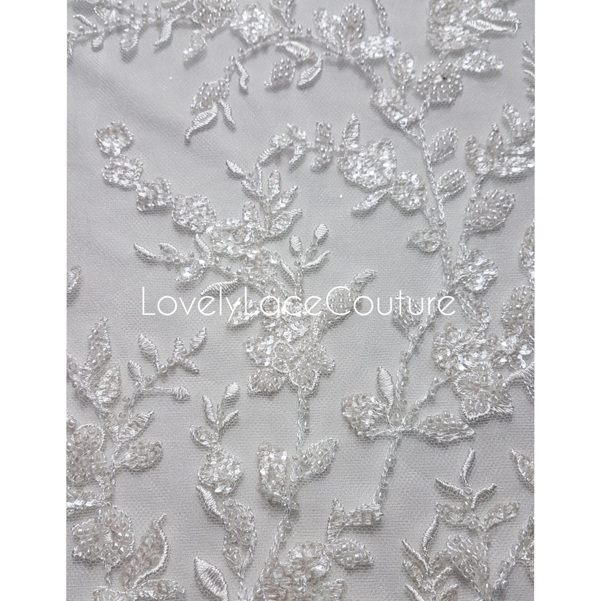 LL-1376 Beaded Flower bridal lace fabric with transparent sequins in off-white, Couture Lace Fabric, luxurious beaded wedding dress lace