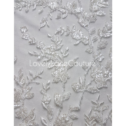 LL-1376 Beaded Flower bridal lace fabric with transparent sequins in off-white, Couture Lace Fabric, luxurious beaded wedding dress lace