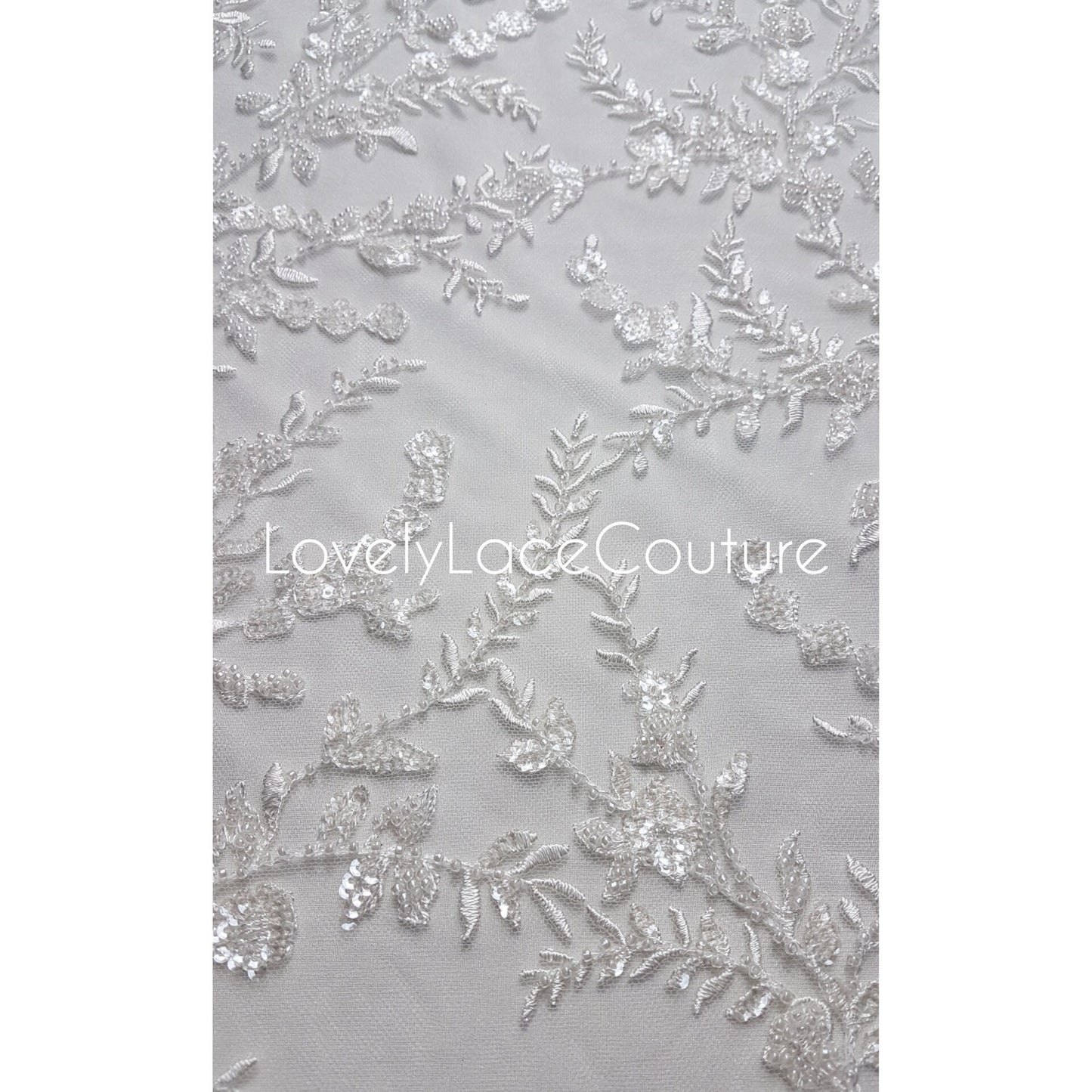 LL-1376 Beaded Flower bridal lace fabric with transparent sequins in off-white, Couture Lace Fabric, luxurious beaded wedding dress lace