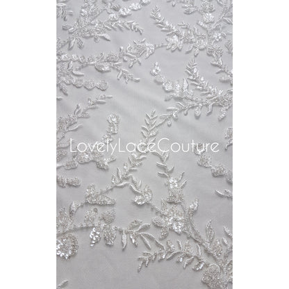 LL-1376 Beaded Flower bridal lace fabric with transparent sequins in off-white, Couture Lace Fabric, luxurious beaded wedding dress lace