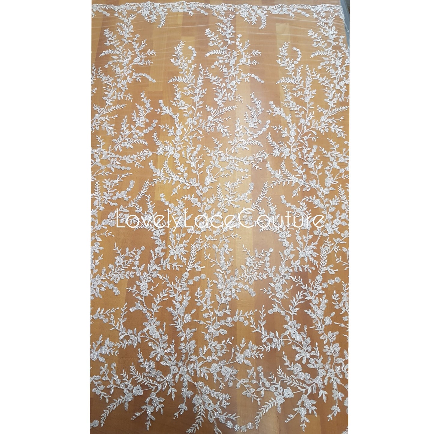 LL-1376 Beaded Flower bridal lace fabric with transparent sequins in off-white, Couture Lace Fabric, luxurious beaded wedding dress lace