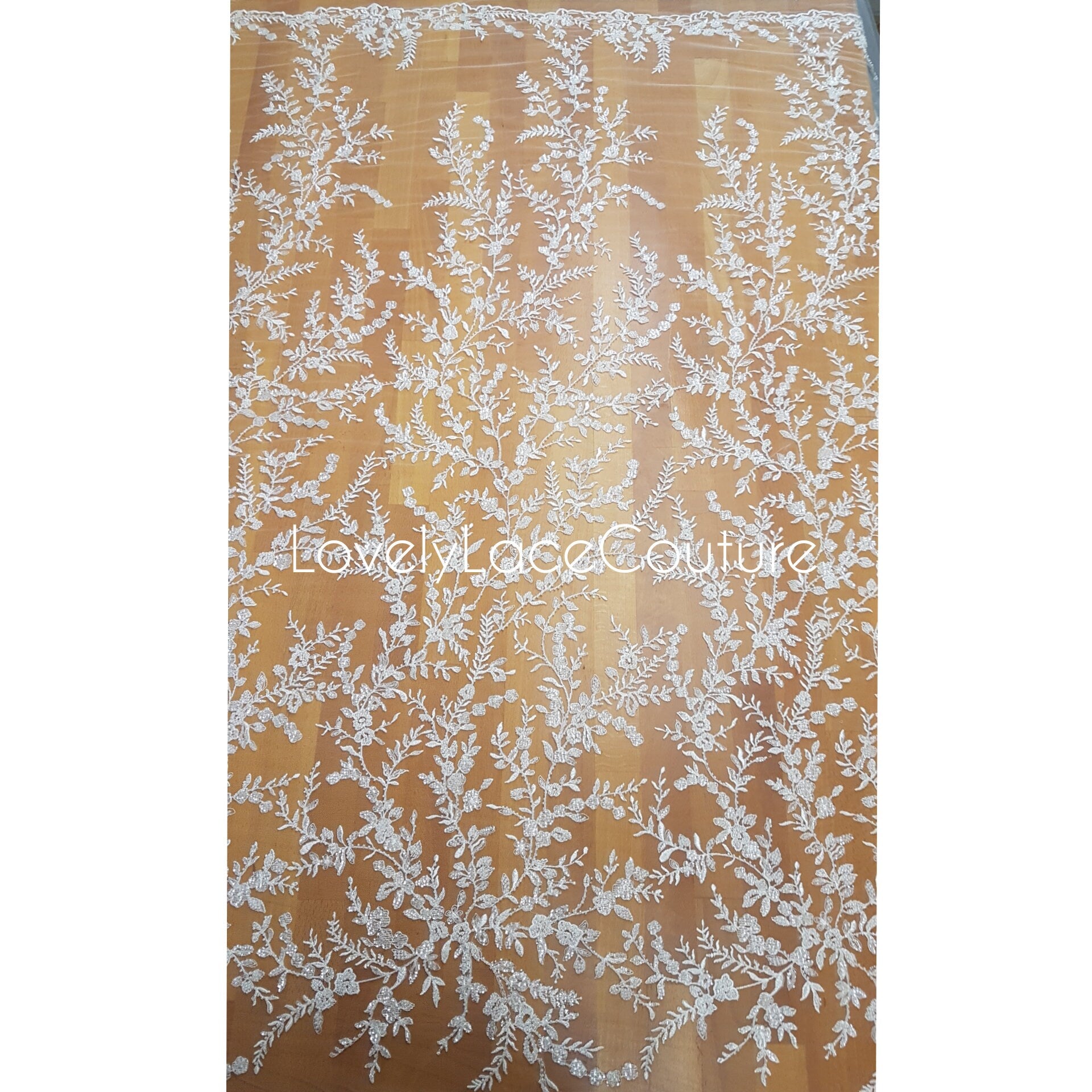 LL-1376 Beaded Flower bridal lace fabric with transparent sequins in off-white, Couture Lace Fabric, luxurious beaded wedding dress lace
