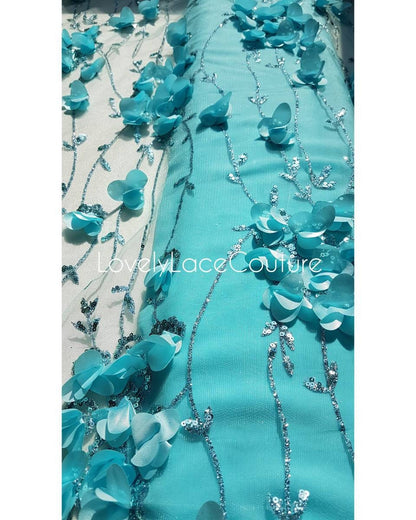 Rosegold and Blue glitter fabric with Flowers and sequins, net fabric in rose LL-1377 or blue LL-1378 color with floral design