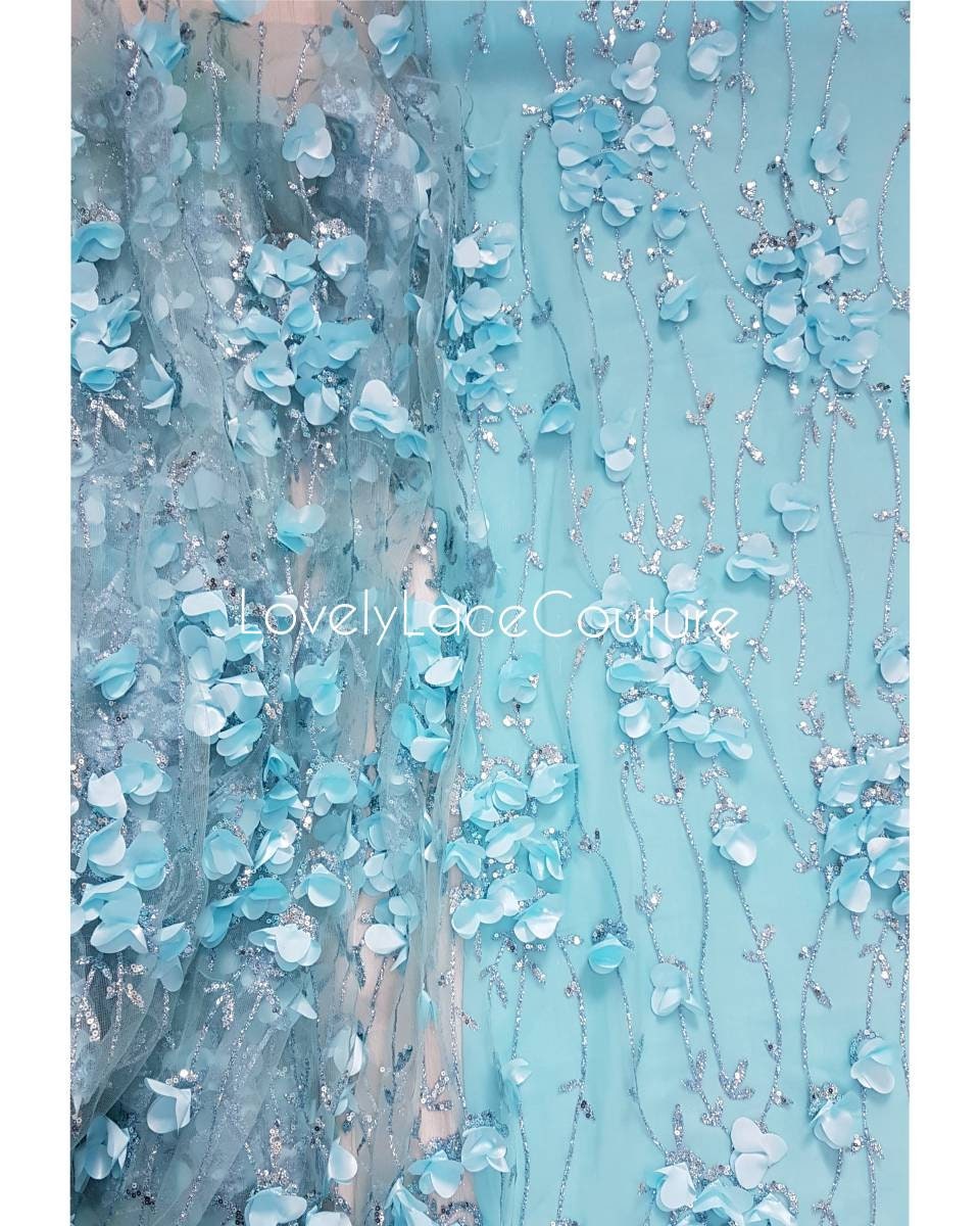 Rosegold and Blue glitter fabric with Flowers and sequins, net fabric in rose LL-1377 or blue LL-1378 color with floral design