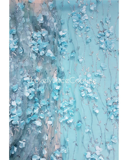 Rosegold and Blue glitter fabric with Flowers and sequins, net fabric in rose LL-1377 or blue LL-1378 color with floral design
