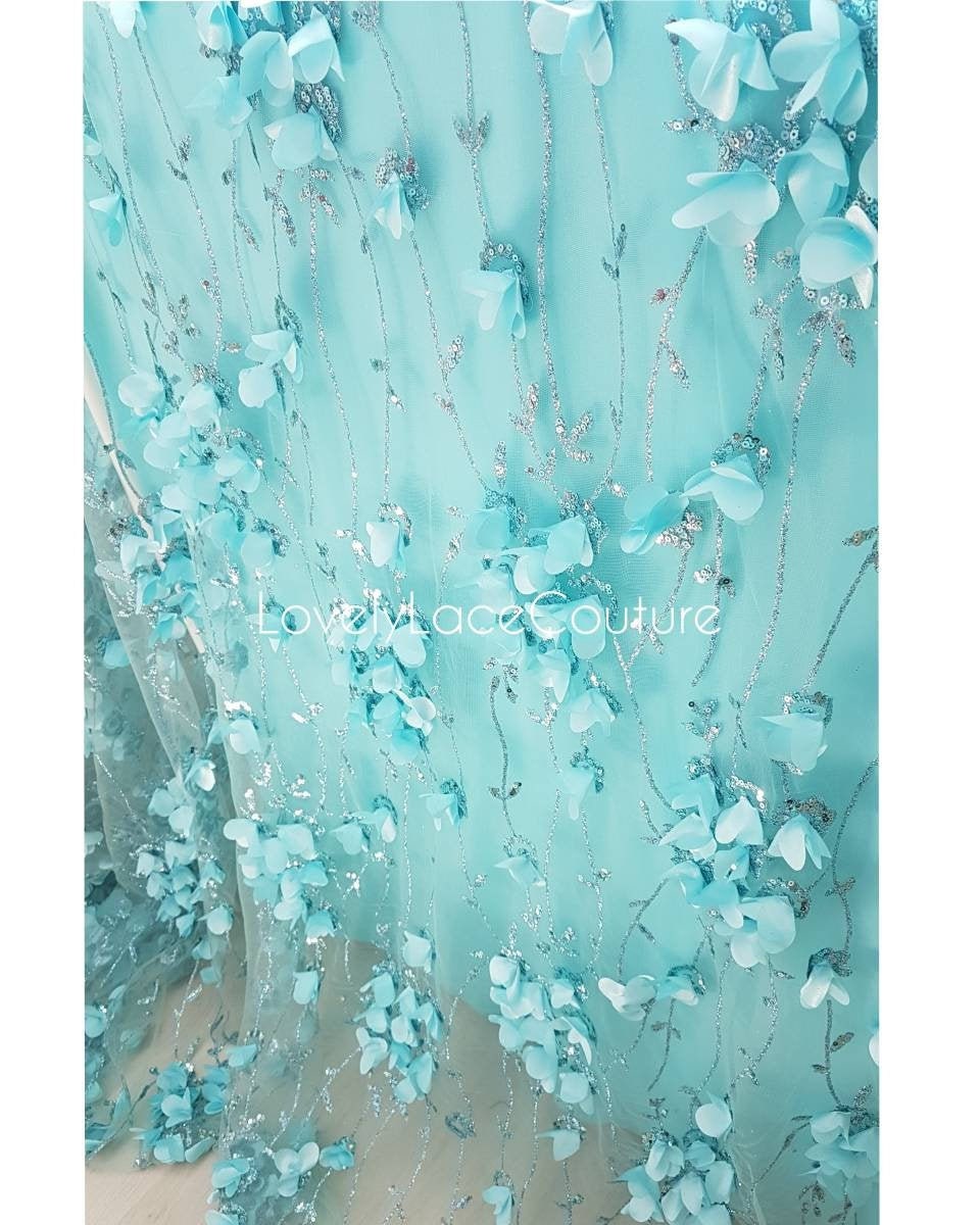 Rosegold and Blue glitter fabric with Flowers and sequins, net fabric in rose LL-1377 or blue LL-1378 color with floral design
