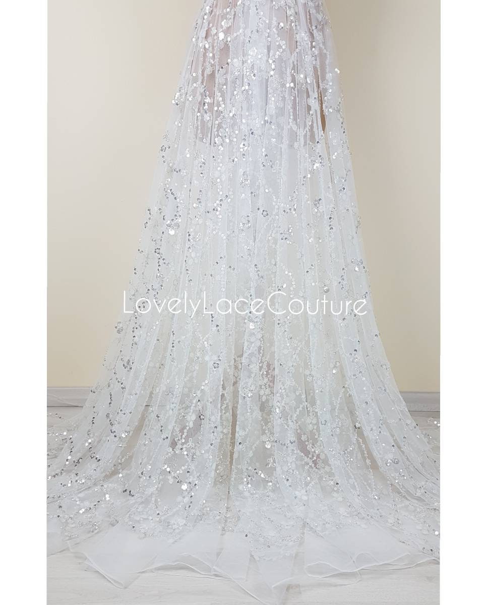 Abstract flower bridal lace fabric with big crystal sequins, Couture Lace Fabric, lovely beaded wedding dress lace, designer lace LL-1380