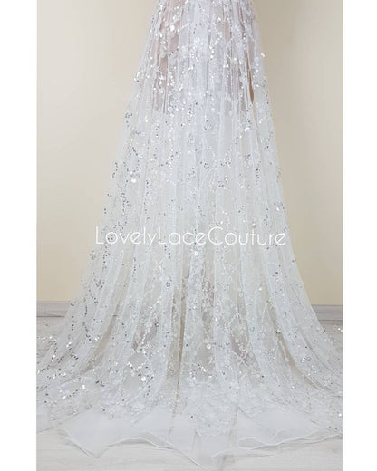 Abstract flower bridal lace fabric with big crystal sequins, Couture Lace Fabric, lovely beaded wedding dress lace, designer lace LL-1380