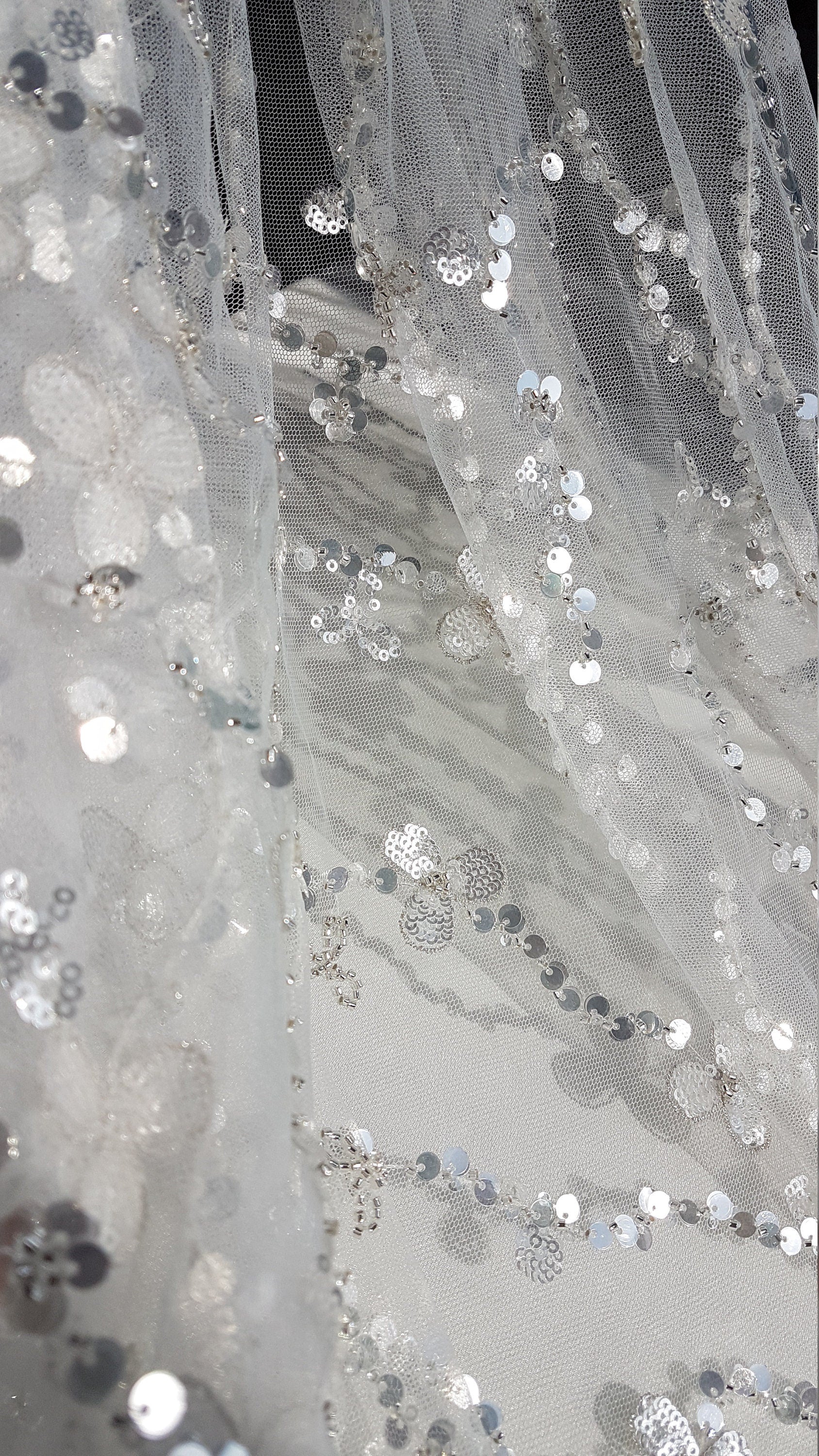 Abstract flower bridal lace fabric with big crystal sequins, Couture Lace Fabric, lovely beaded wedding dress lace, designer lace LL-1380
