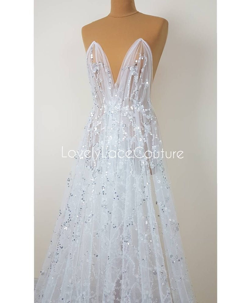 Abstract flower bridal lace fabric with big crystal sequins, Couture Lace Fabric, lovely beaded wedding dress lace, designer lace LL-1380