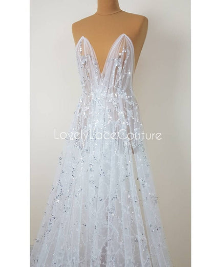 Abstract flower bridal lace fabric with big crystal sequins, Couture Lace Fabric, lovely beaded wedding dress lace, designer lace LL-1380