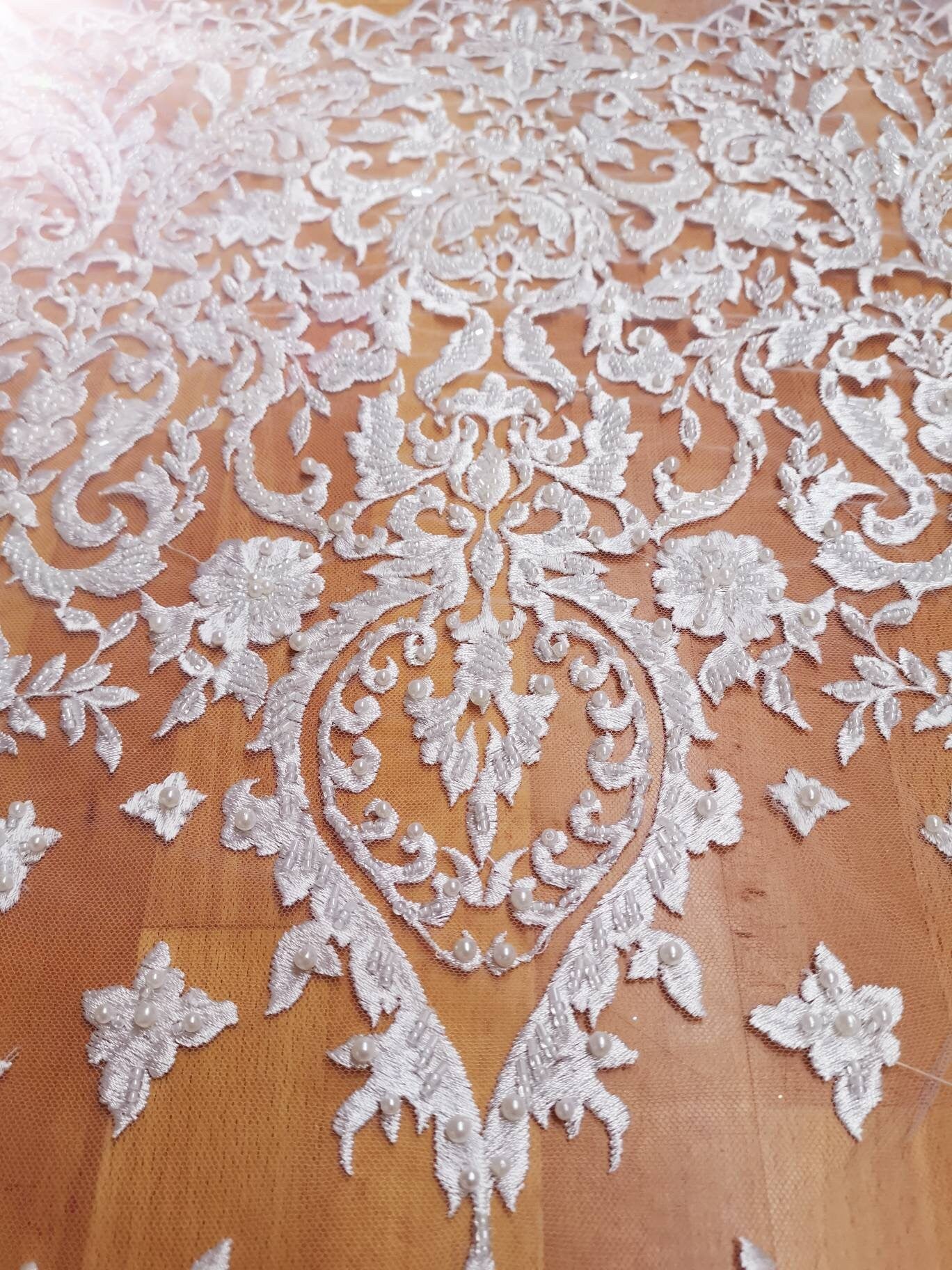 Offwhite lace fabric, Bridal lace fabric, Embroidered lace fabric, Wedding Lace, French, Net Lace, Flower Lace LL-1114