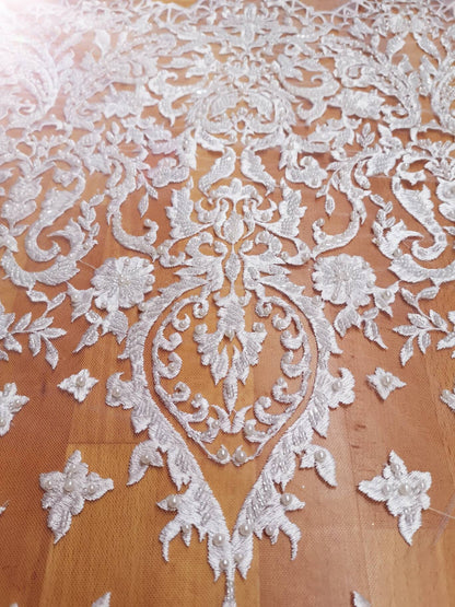 Offwhite lace fabric, Bridal lace fabric, Embroidered lace fabric, Wedding Lace, French, Net Lace, Flower Lace LL-1114