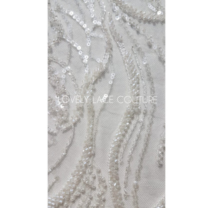 LL-1374, luxurious bridal lace fabric with modern abstract wave pattern in off-white color, starts at 0,5Meter
