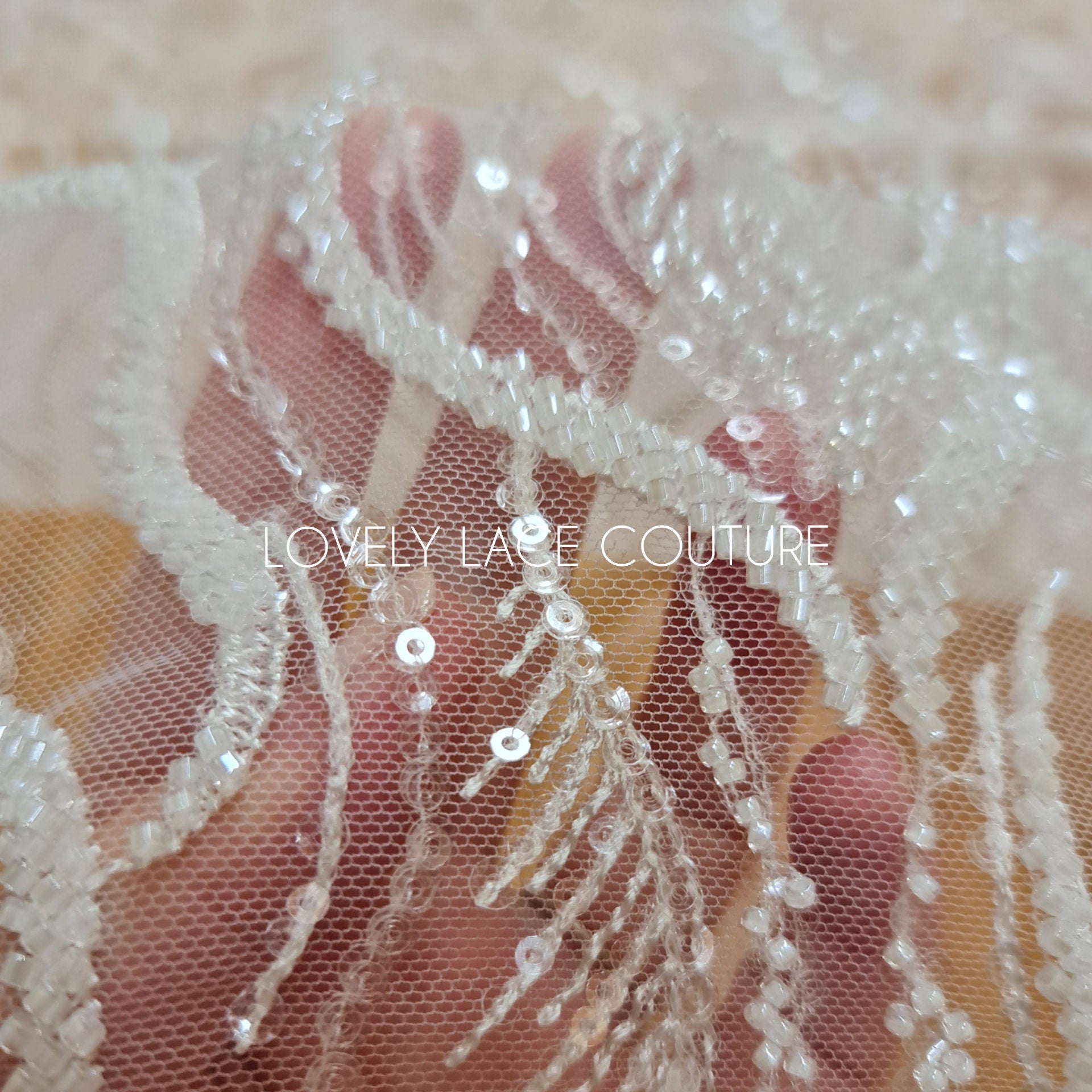 LL-1374, luxurious bridal lace fabric with modern abstract wave pattern in off-white color, starts at 0,5Meter