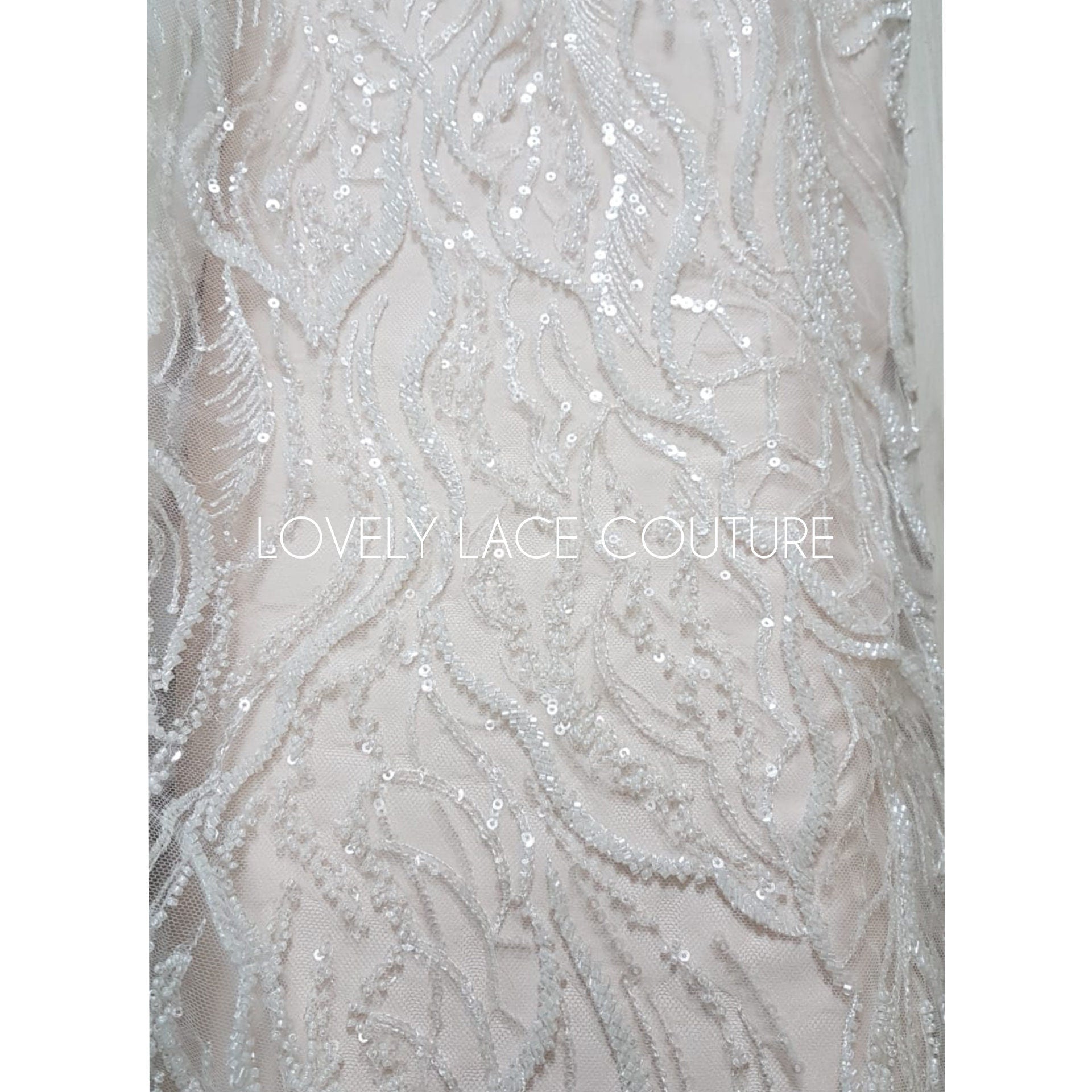 LL-1374, luxurious bridal lace fabric with modern abstract wave pattern in off-white color, starts at 0,5Meter