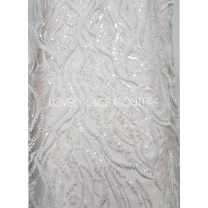 LL-1374, luxurious bridal lace fabric with modern abstract wave pattern in off-white color, starts at 0,5Meter