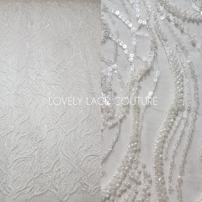 LL-1374, luxurious bridal lace fabric with modern abstract wave pattern in off-white color, starts at 0,5Meter