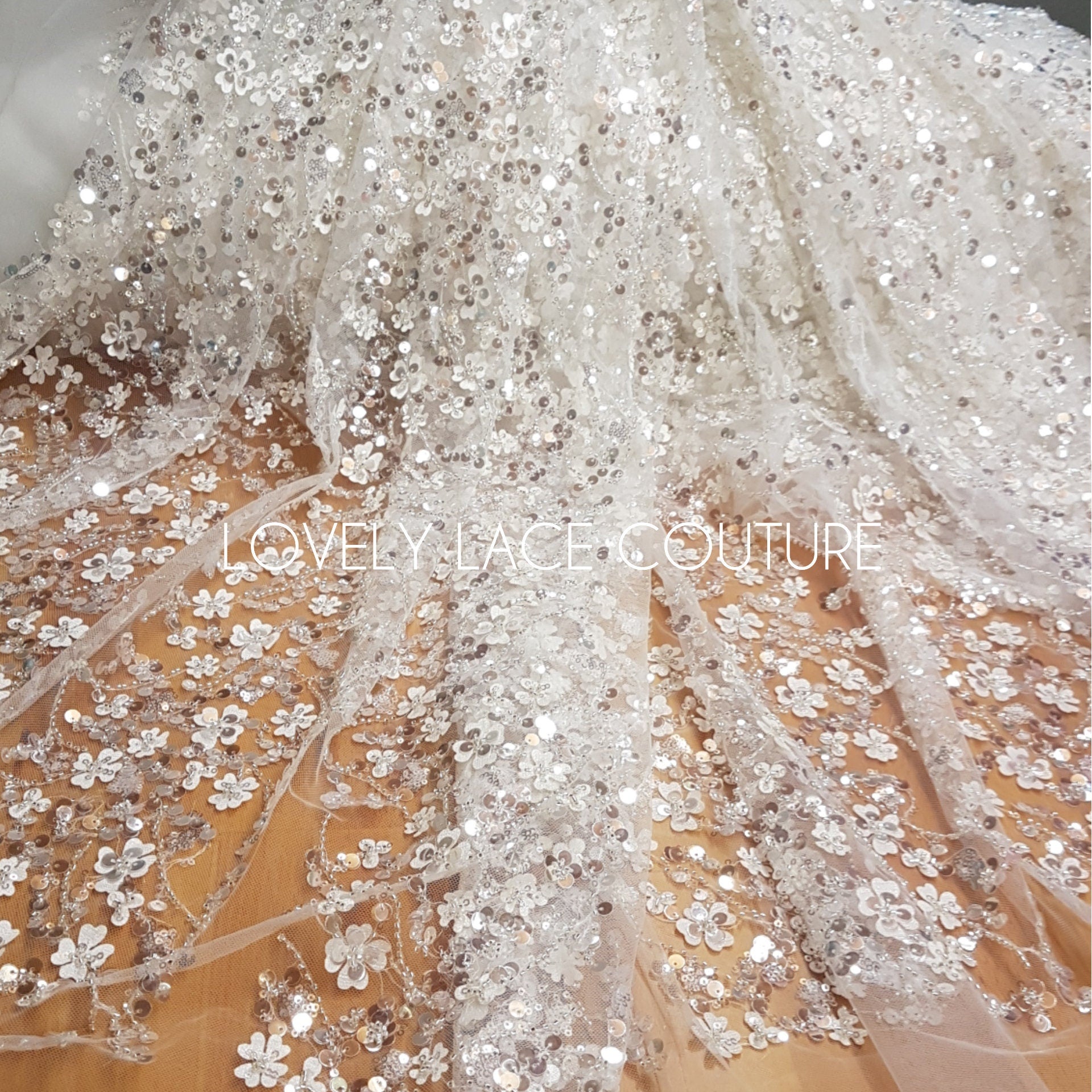 3D Flower Lace, beaded bridal lace fabric with big crystal sequins, Couture Lace Fabric, luxurious wedding dress lace, designer lace LL-1384