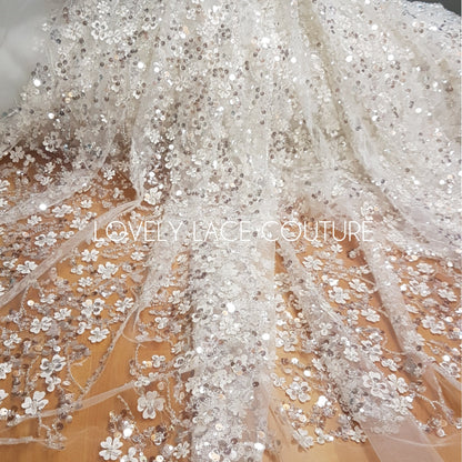 3D Flower Lace, beaded bridal lace fabric with big crystal sequins, Couture Lace Fabric, luxurious wedding dress lace, designer lace LL-1384