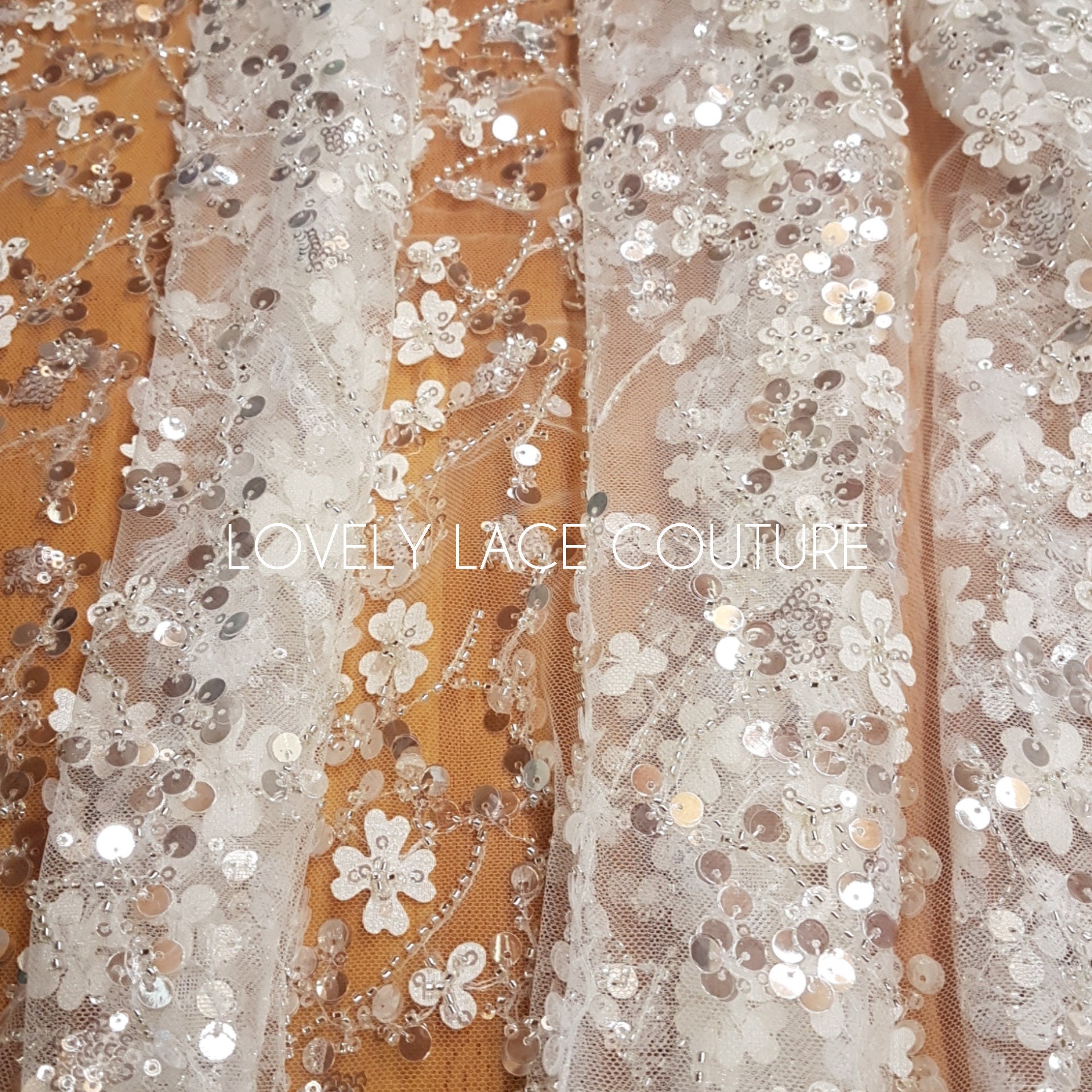 3D Flower Lace, beaded bridal lace fabric with big crystal sequins, Couture Lace Fabric, luxurious wedding dress lace, designer lace LL-1384