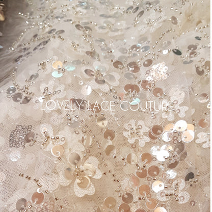 3D Flower Lace, beaded bridal lace fabric with big crystal sequins, Couture Lace Fabric, luxurious wedding dress lace, designer lace LL-1384