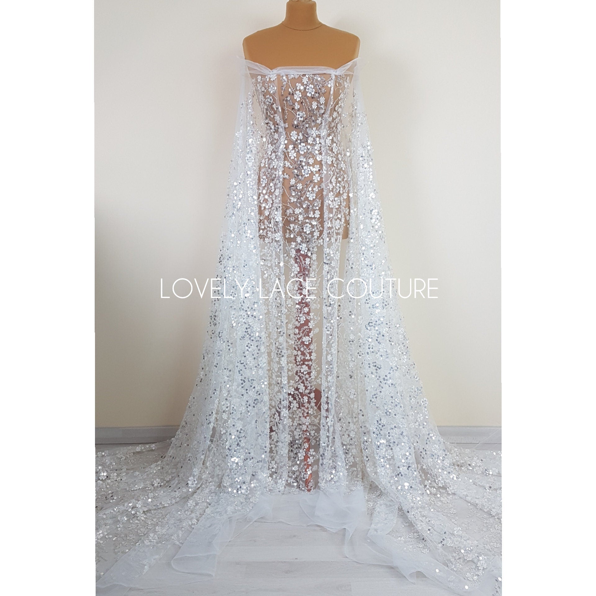 3D Flower Lace, beaded bridal lace fabric with big crystal sequins, Couture Lace Fabric, luxurious wedding dress lace, designer lace LL-1384