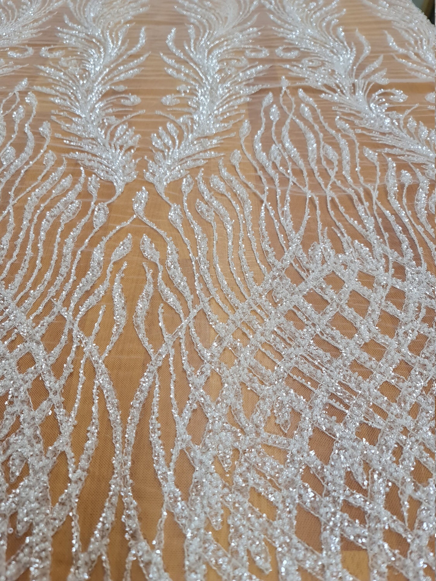 LL-1375, gorgeous beaded lace fabric with abstract pattern in off-white color, soft lace tulle fabric with beads and transparent sequins