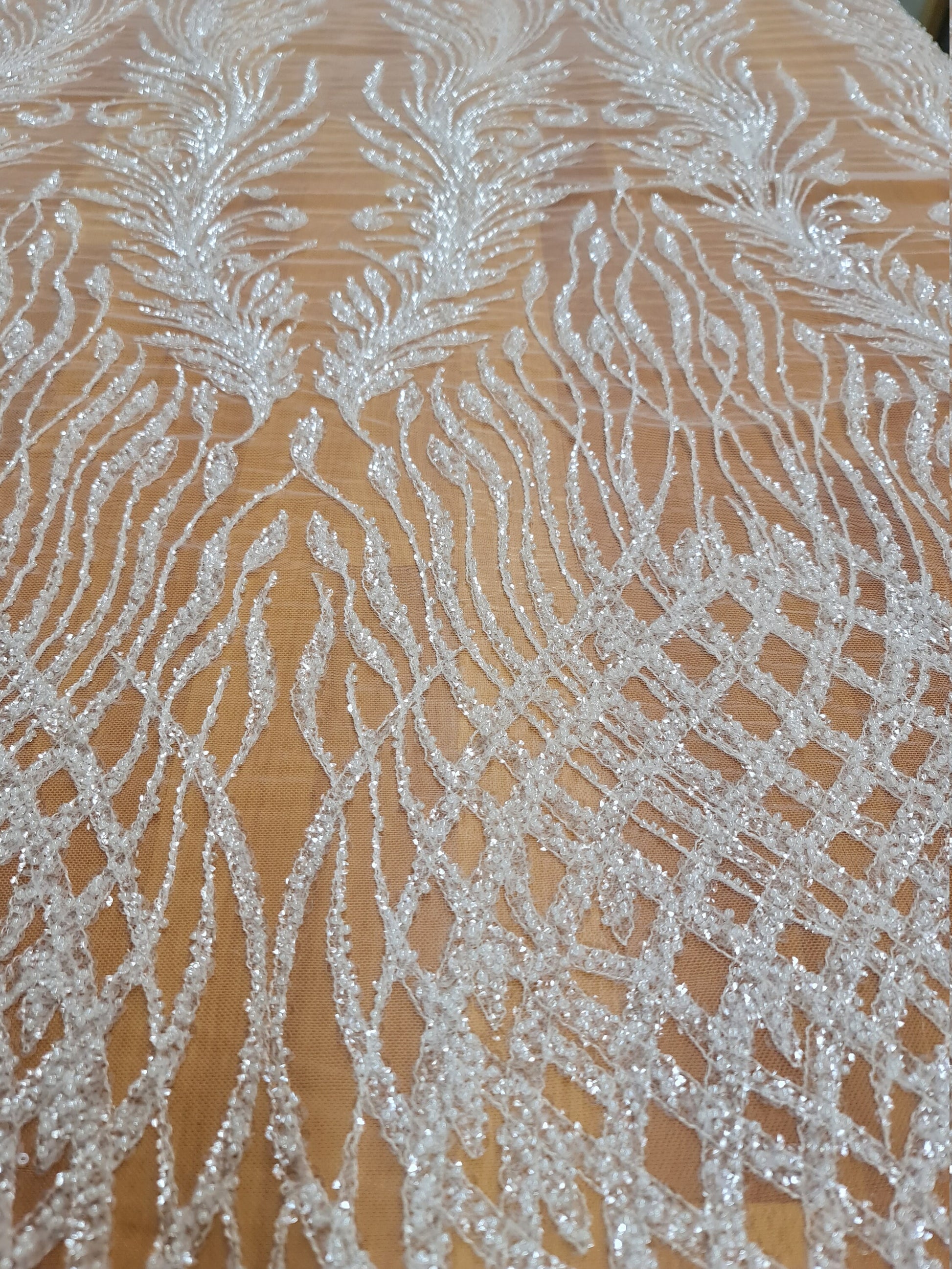 LL-1375, gorgeous beaded lace fabric with abstract pattern in off-white color, soft lace tulle fabric with beads and transparent sequins
