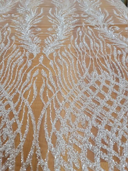 LL-1375, gorgeous beaded lace fabric with abstract pattern in off-white color, soft lace tulle fabric with beads and transparent sequins