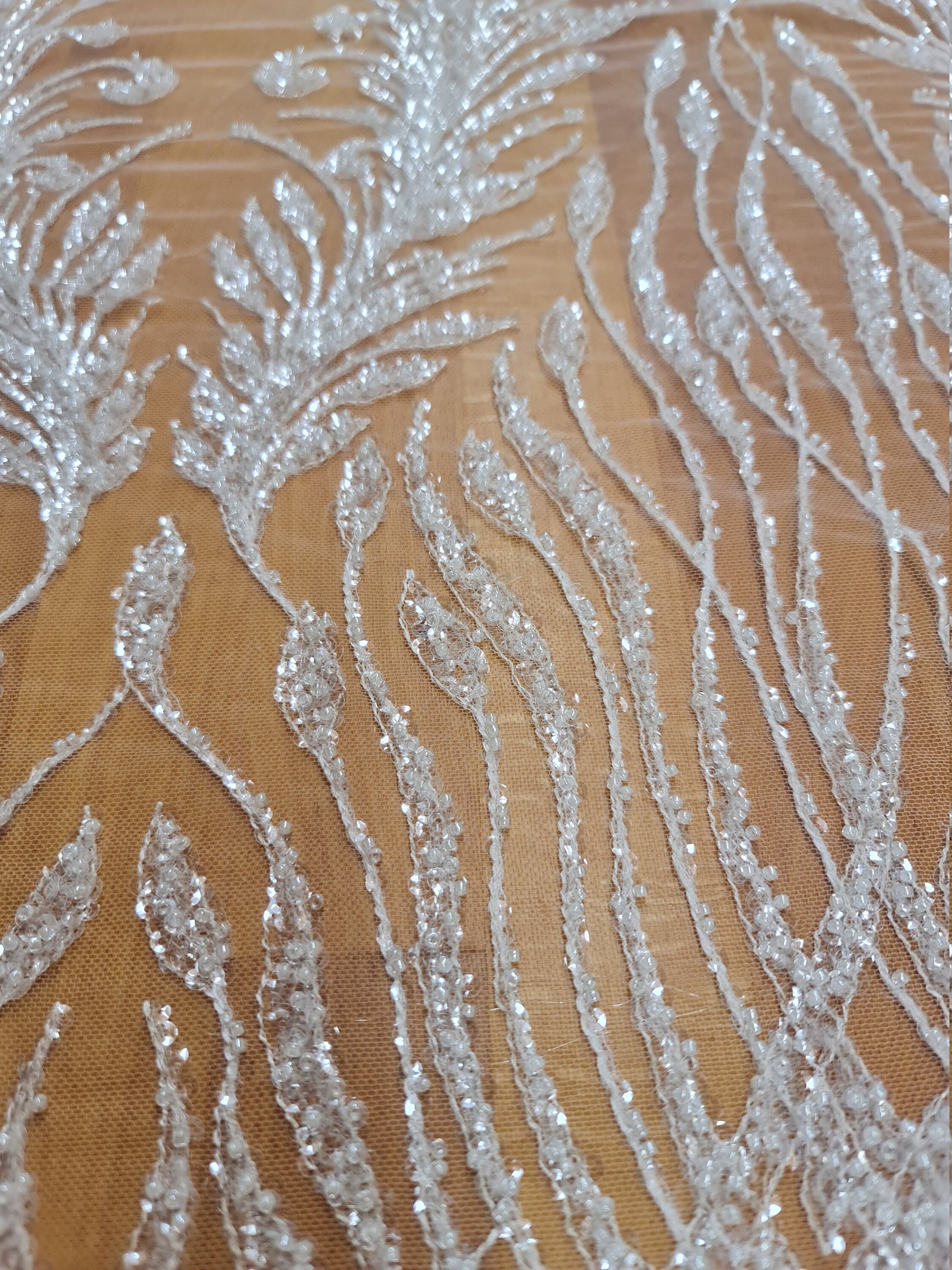 LL-1375, gorgeous beaded lace fabric with abstract pattern in off-white color, soft lace tulle fabric with beads and transparent sequins