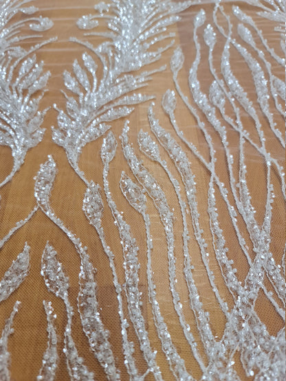LL-1375, gorgeous beaded lace fabric with abstract pattern in off-white color, soft lace tulle fabric with beads and transparent sequins