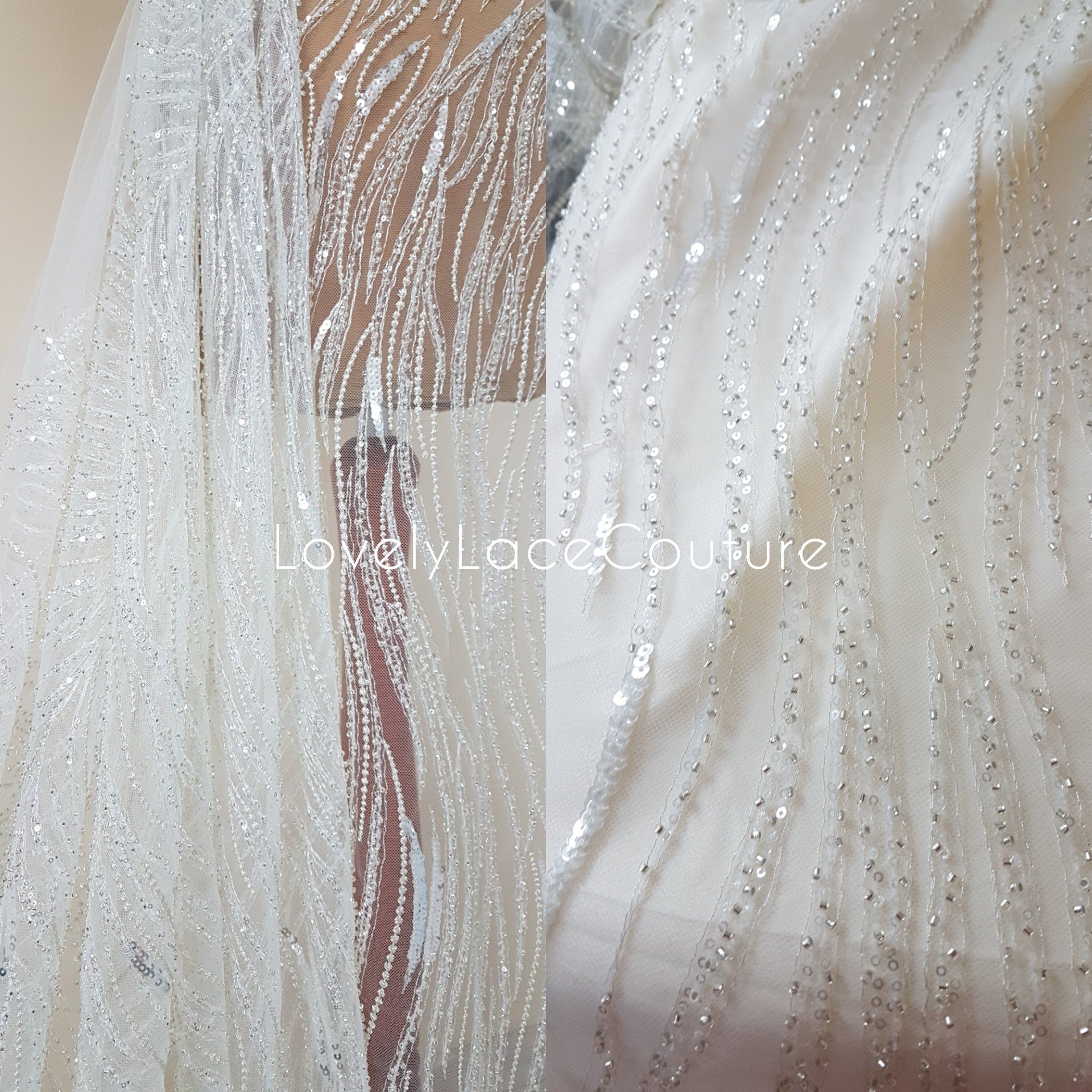 Wunderschöne Brautspitze mit abstraktem Wellendesign, Designer Couture Spitze in Elfenbeinfarbe, moderne Hochzeitspitze LL-1390