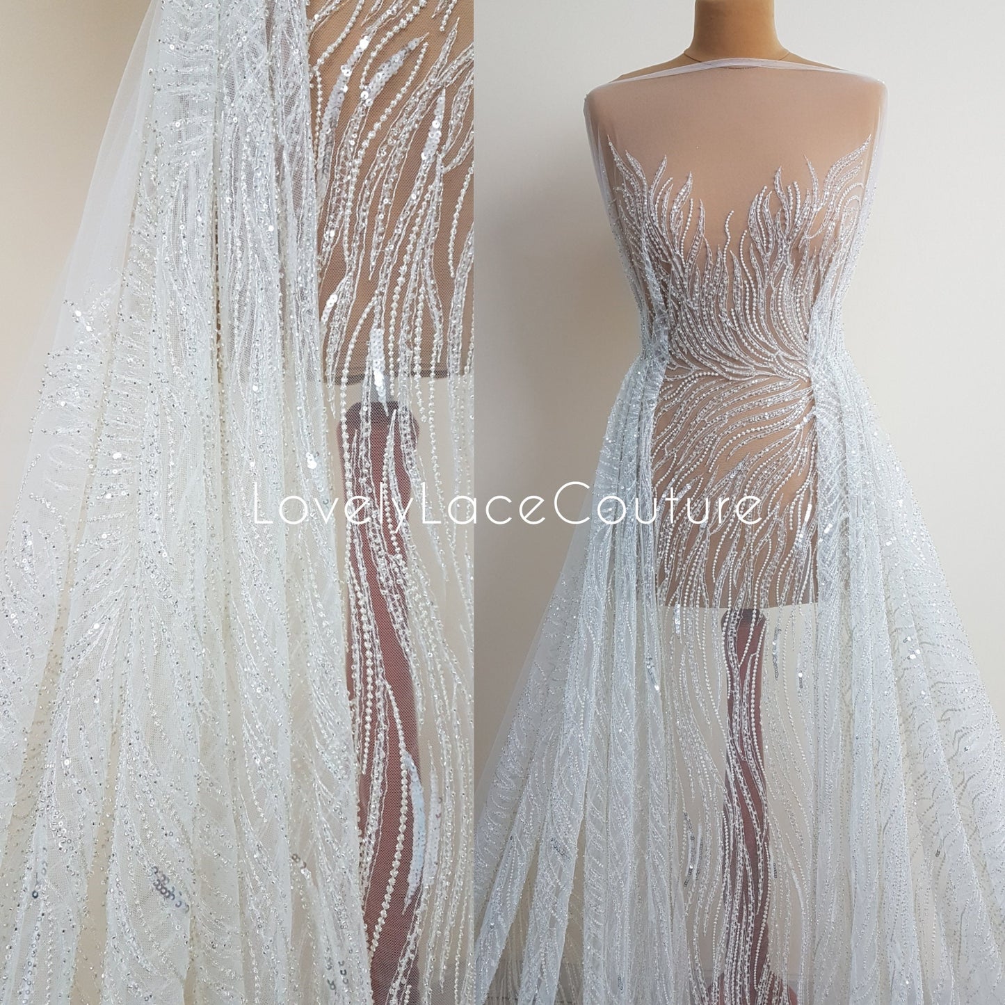Wunderschöne Brautspitze mit abstraktem Wellendesign, Designer Couture Spitze in Elfenbeinfarbe, moderne Hochzeitspitze LL-1390