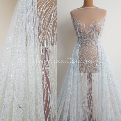 Wunderschöne Brautspitze mit abstraktem Wellendesign, Designer Couture Spitze in Elfenbeinfarbe, moderne Hochzeitspitze LL-1390