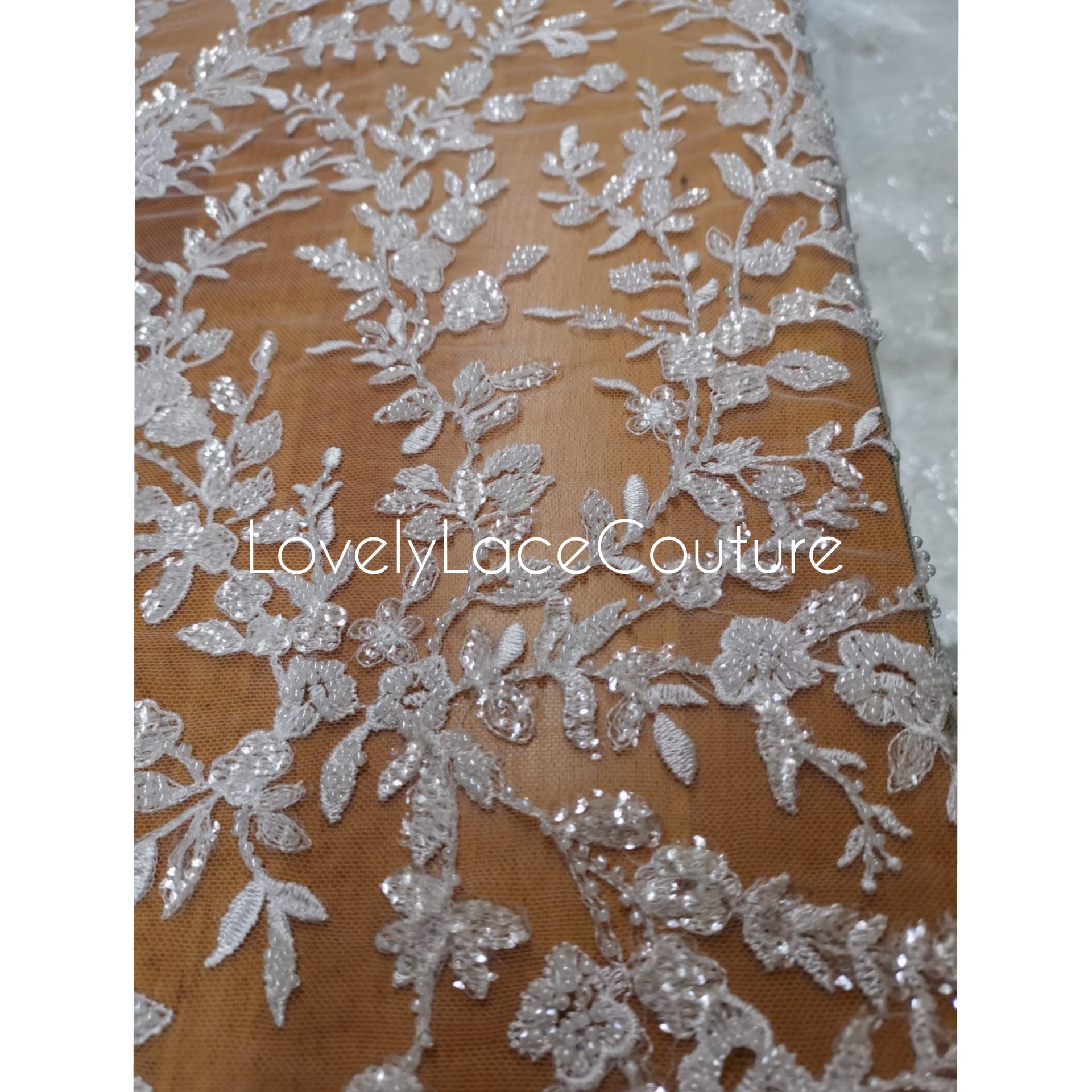 LL-1376 Beaded Flower bridal lace fabric with transparent sequins in off-white, Couture Lace Fabric, luxurious beaded wedding dress lace