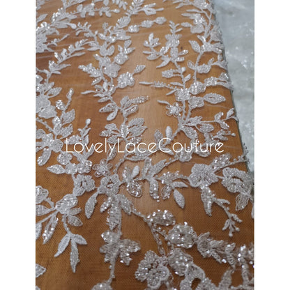 LL-1376 Beaded Flower bridal lace fabric with transparent sequins in off-white, Couture Lace Fabric, luxurious beaded wedding dress lace