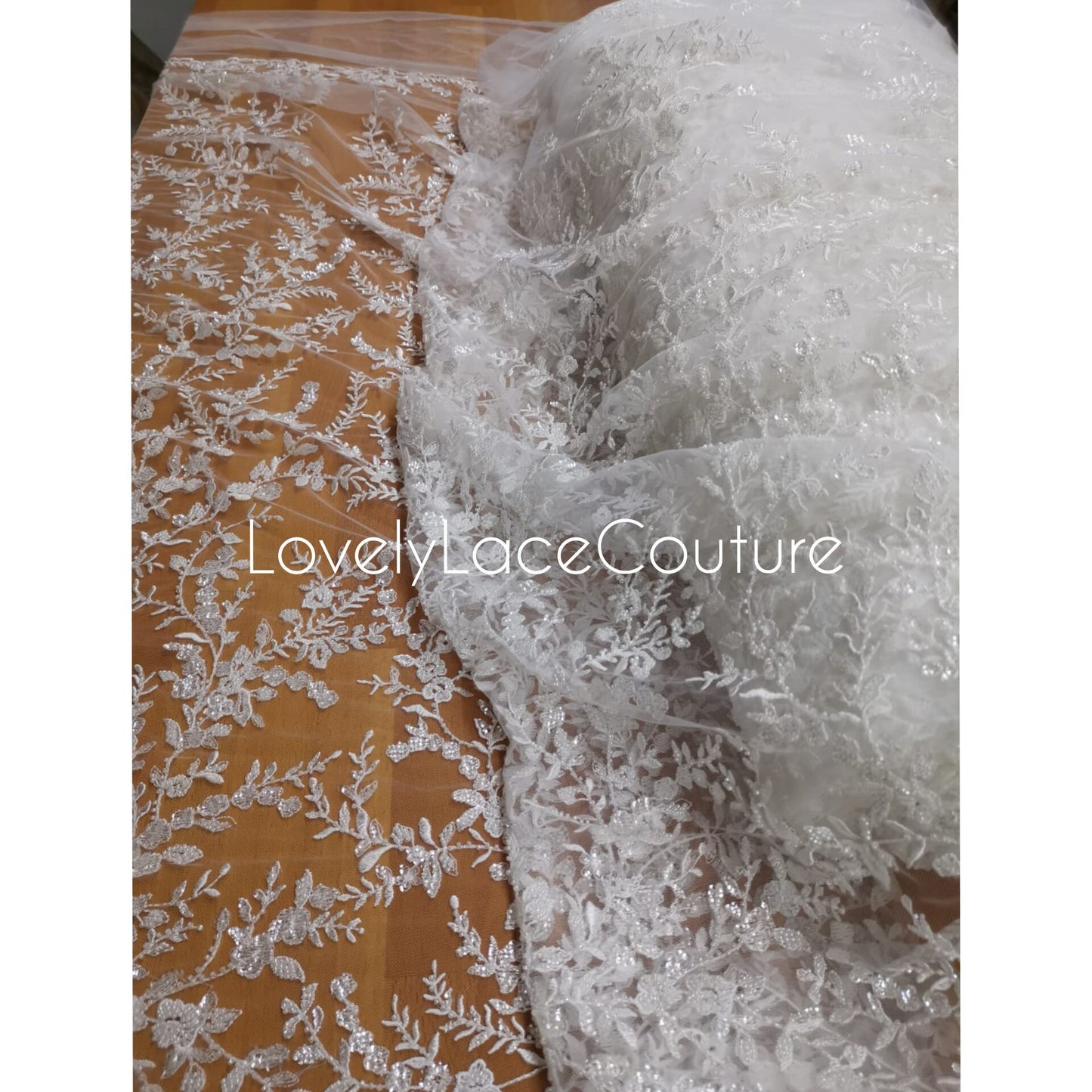 LL-1376 Beaded Flower bridal lace fabric with transparent sequins in off-white, Couture Lace Fabric, luxurious beaded wedding dress lace