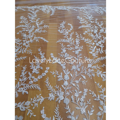 LL-1376 Beaded Flower bridal lace fabric with transparent sequins in off-white, Couture Lace Fabric, luxurious beaded wedding dress lace